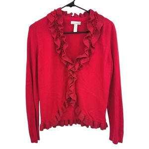 Red Ruffle Open Front Cardigan Sweater M  Lightweight Knit Coquette Romantic